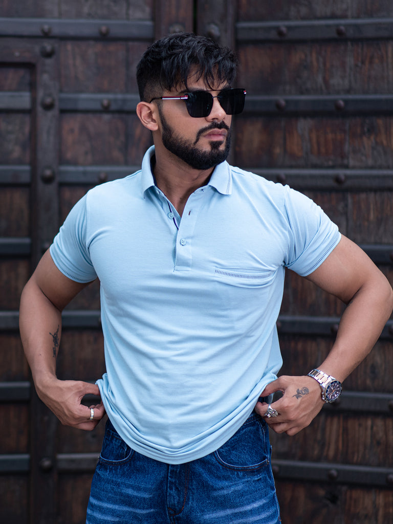 Solid Polo Neck Light Blue Cotton T-shirt With Pocket - Tistabene