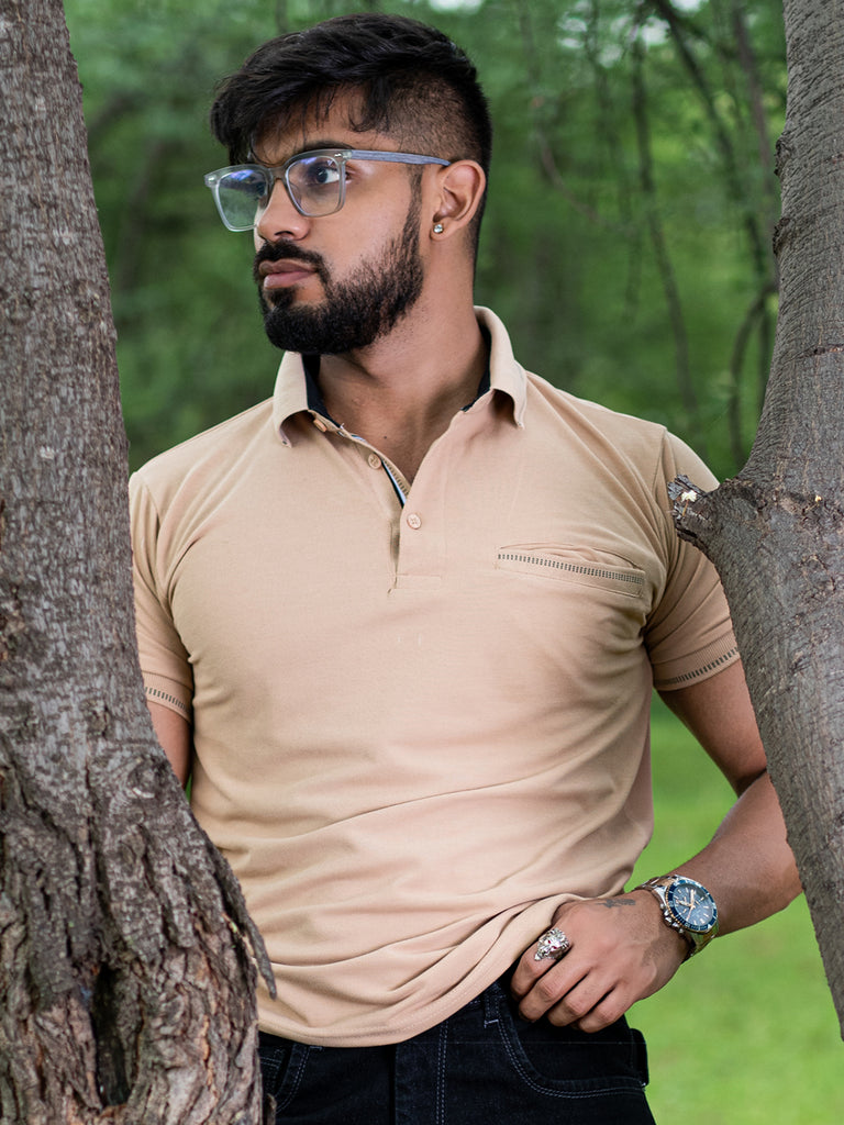 Solid Polo Neck Light Brown Cotton T-shirt With Pocket - Tistabene