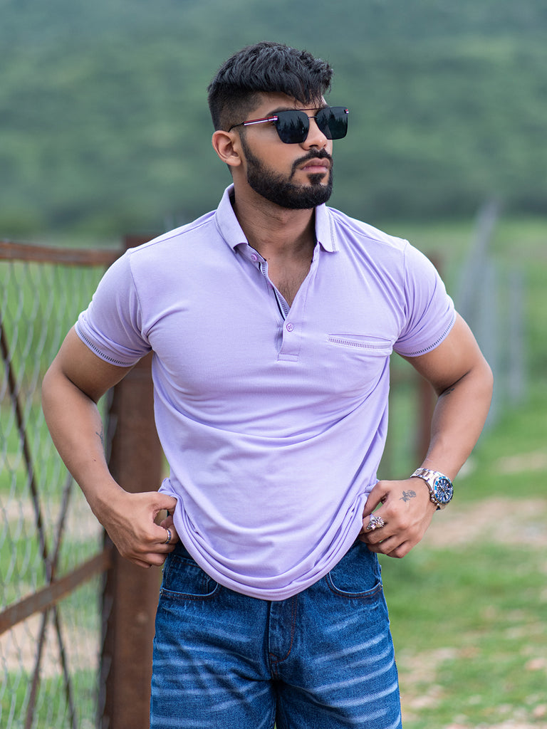 Solid Polo Neck Lavender Cotton T-shirt With Pocket - Tistabene