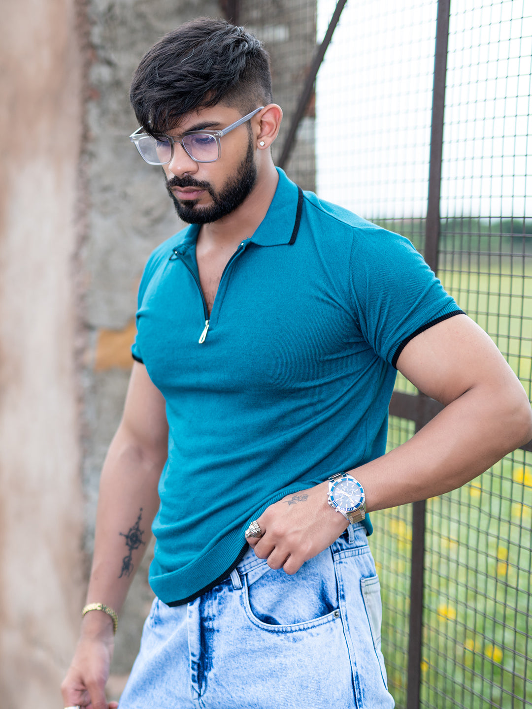 Teal Blue Half Sleeves Zipper Polo T-shirt
