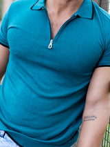 Teal Blue Half Sleeves Zipper Polo T-shirt