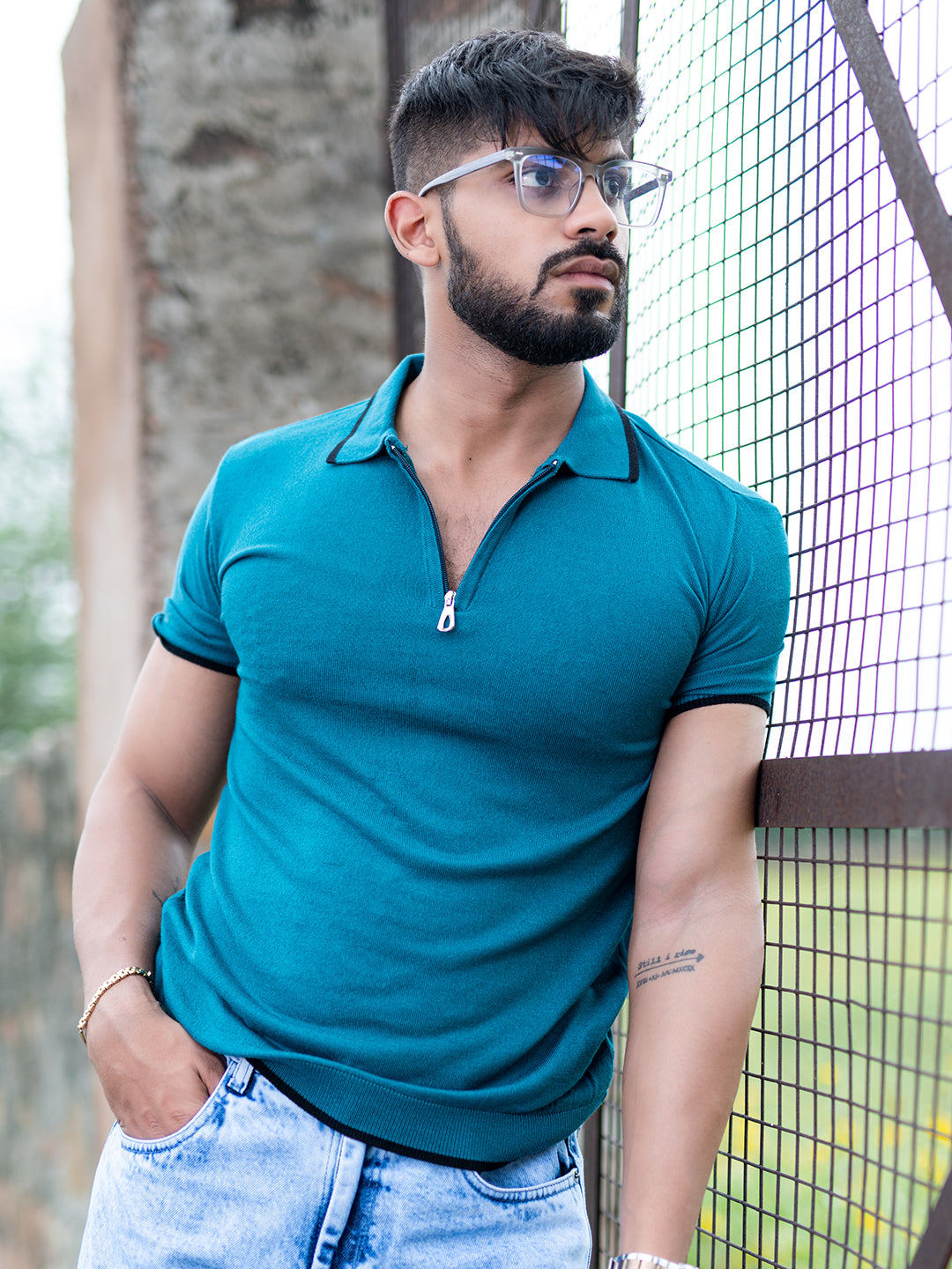 Teal Blue Half Sleeves Zipper Polo T-shirt