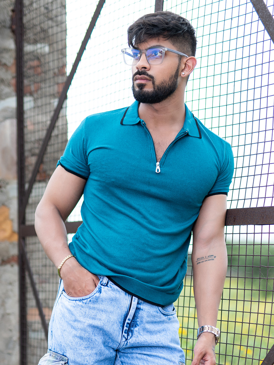 Teal Blue Half Sleeves Zipper Polo T-shirt