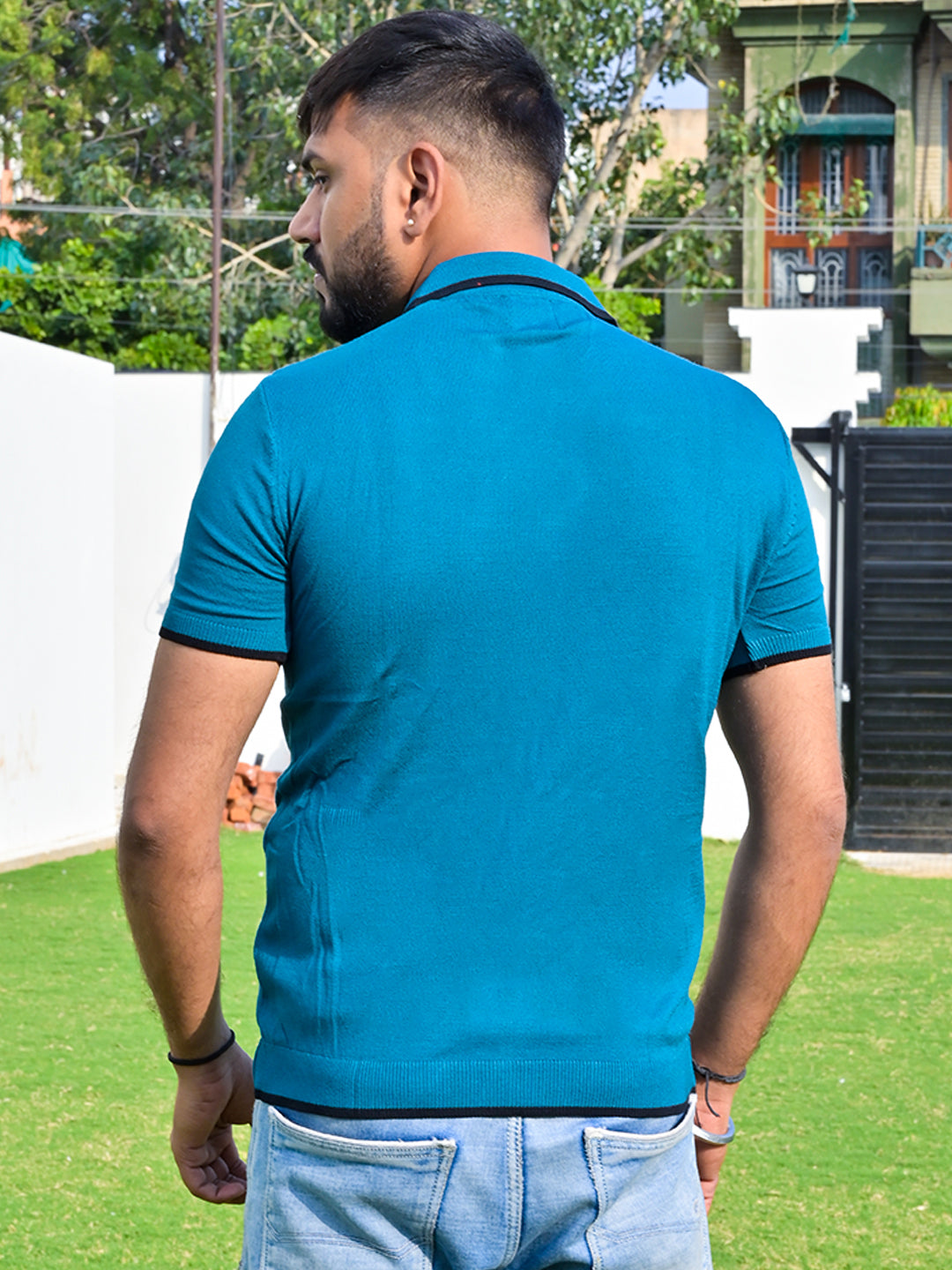 Teal Blue Half Sleeves Zipper Polo T-shirt