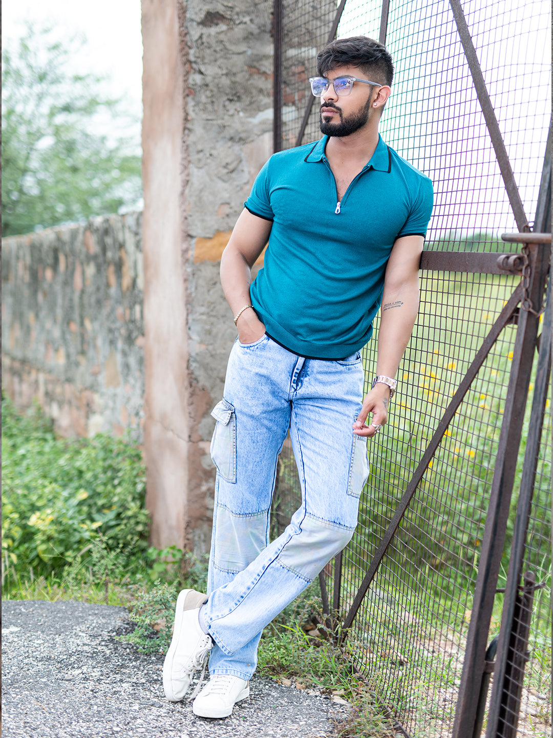 Teal Blue Half Sleeves Zipper Polo T-shirt