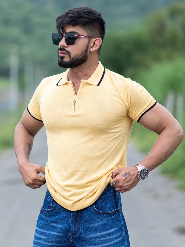 Yellow Half Sleeves Zipper Polo T-shirt - Tistabene