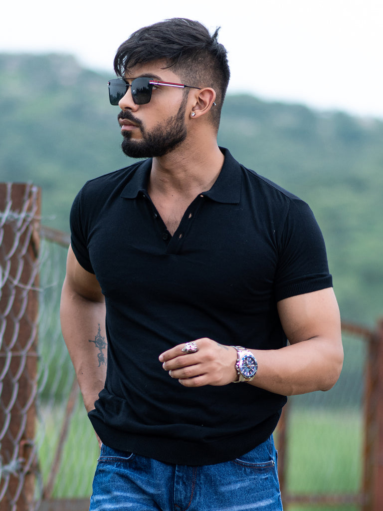 Solid Black Knitted Polo T-Shirt - Tistabene