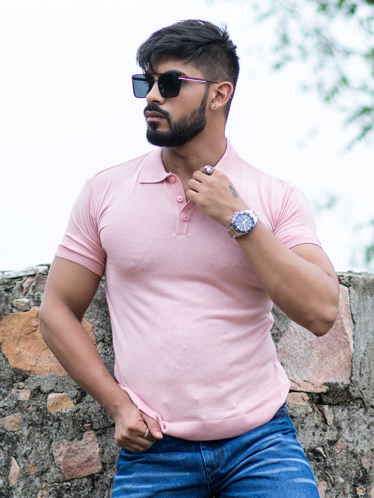 Pink Knitted Polo T-Shirt - Tistabene