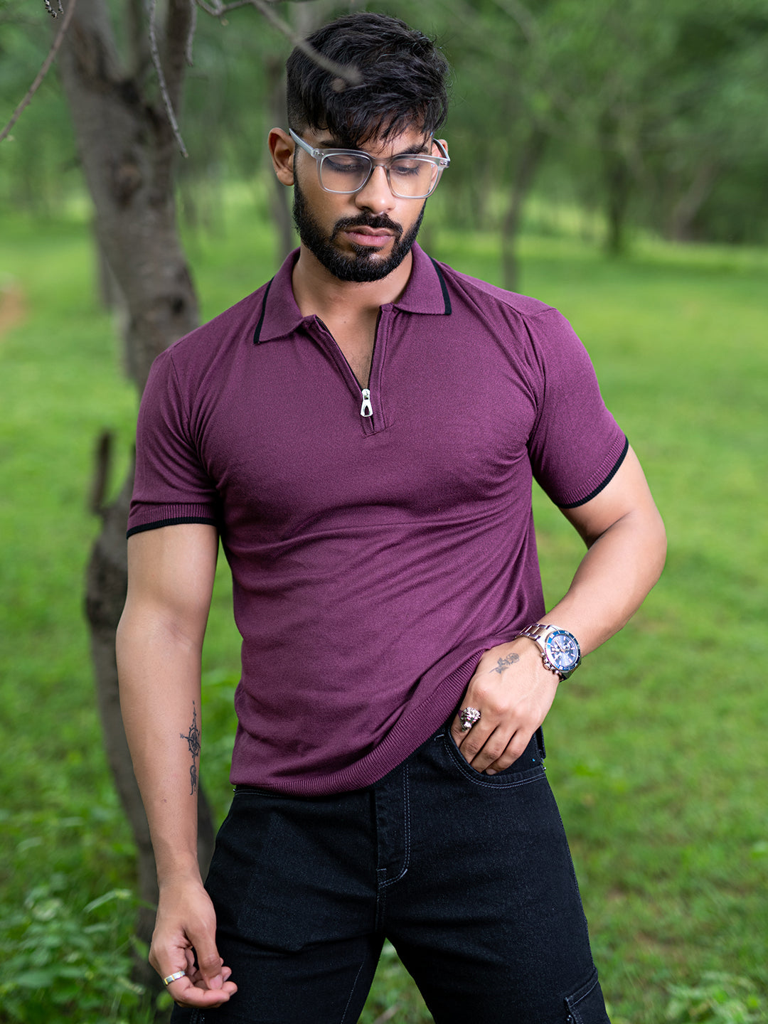 Burgundy Half Sleeves Zipper Polo T-shirt