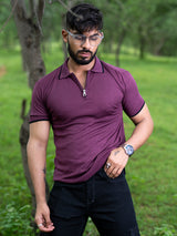 Burgundy Half Sleeves Zipper Polo T-shirt