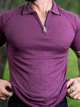 Burgundy Half Sleeves Zipper Polo T-shirt
