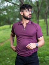 Burgundy Half Sleeves Zipper Polo T-shirt