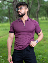 Burgundy Half Sleeves Zipper Polo T-shirt
