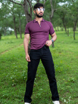 Burgundy Half Sleeves Zipper Polo T-shirt