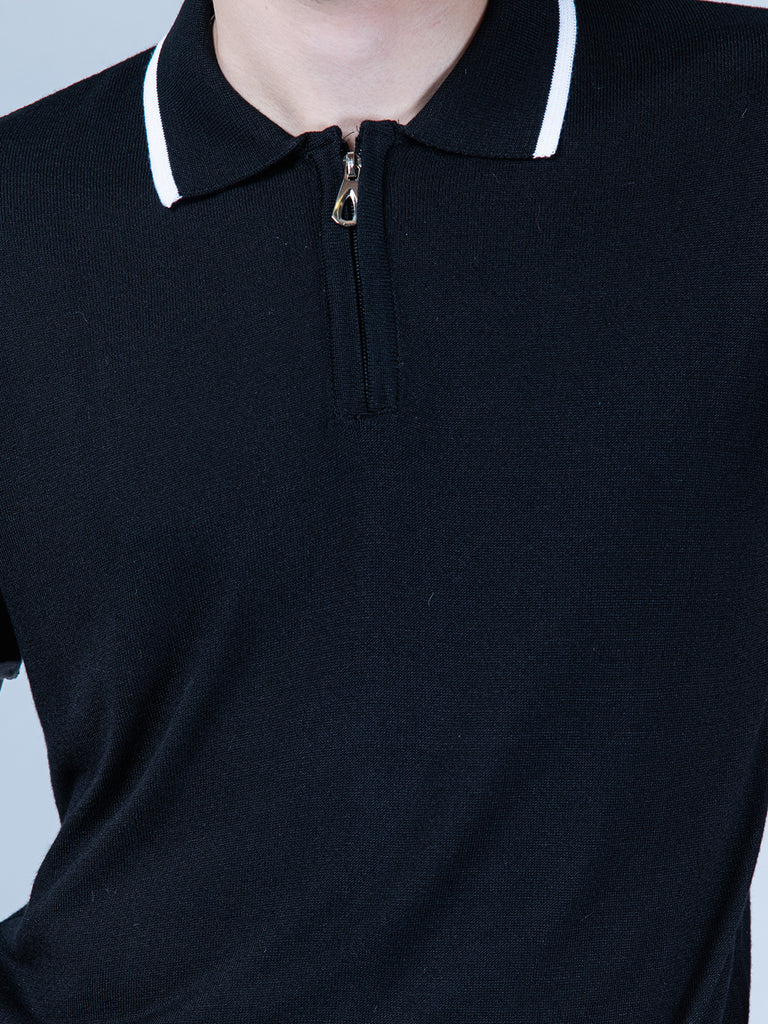 Black Half Sleeves Zipper Polo T-shirt - Tistabene
