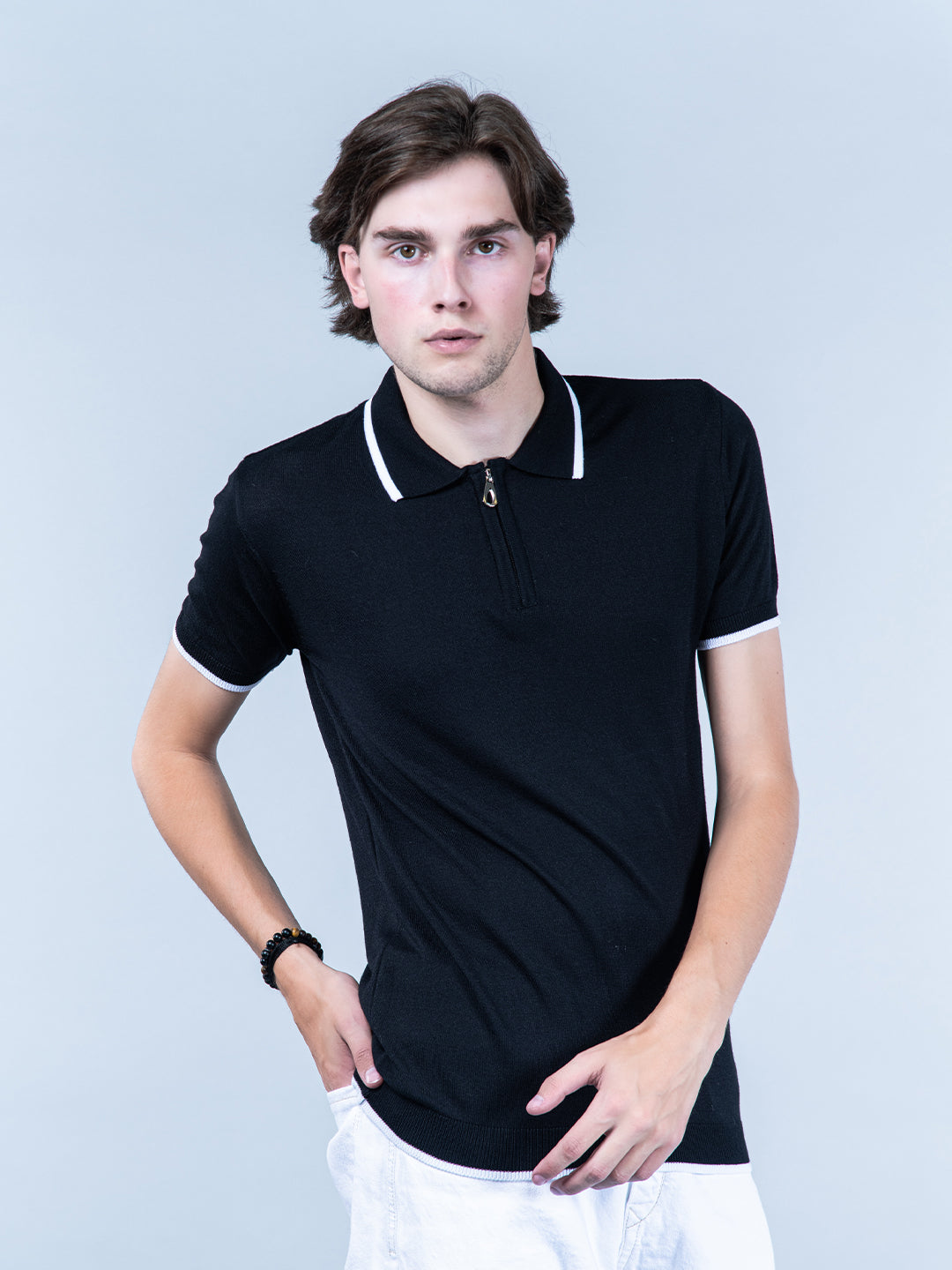 Black Half Sleeves Zipper Polo T-shirt