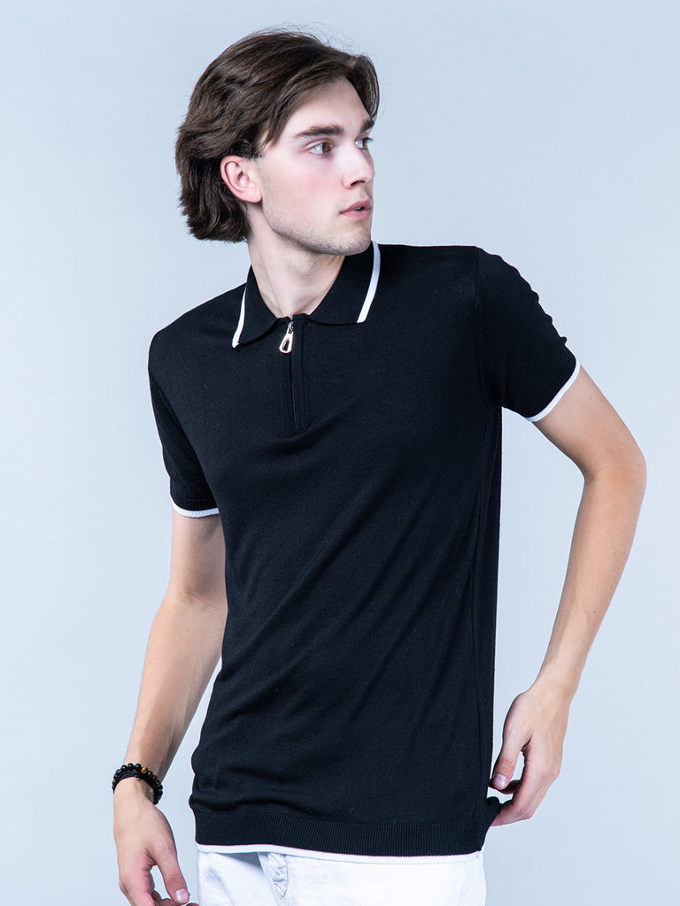 Black Half Sleeves Zipper Polo T-shirt - Tistabene
