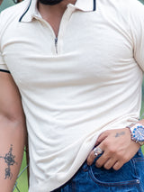 Cream Half Sleeves Zipper Polo T-shirt