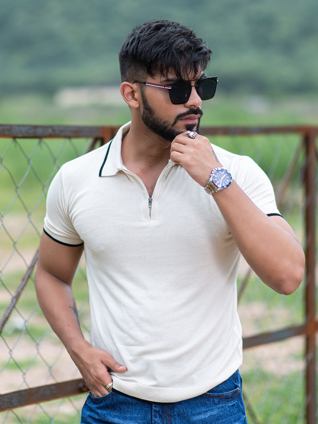 Cream Half Sleeves Zipper Polo T-shirt