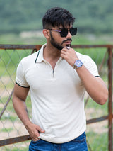 Cream Half Sleeves Zipper Polo T-shirt