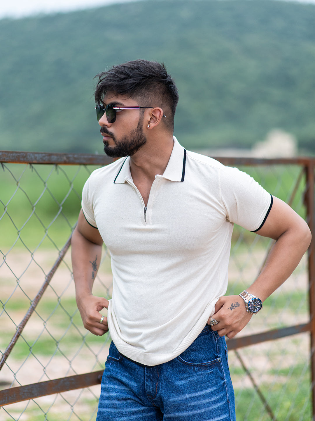 Cream Half Sleeves Zipper Polo T-shirt