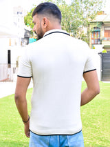 Cream Half Sleeves Zipper Polo T-shirt