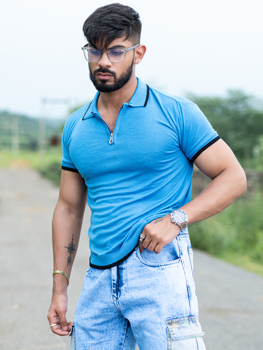 Sky Blue Half Sleeves Zipper Polo T-shirt