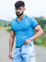 Sky Blue Half Sleeves Zipper Polo T-shirt