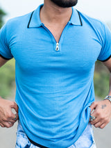 Sky Blue Half Sleeves Zipper Polo T-shirt