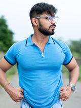 Sky Blue Half Sleeves Zipper Polo T-shirt