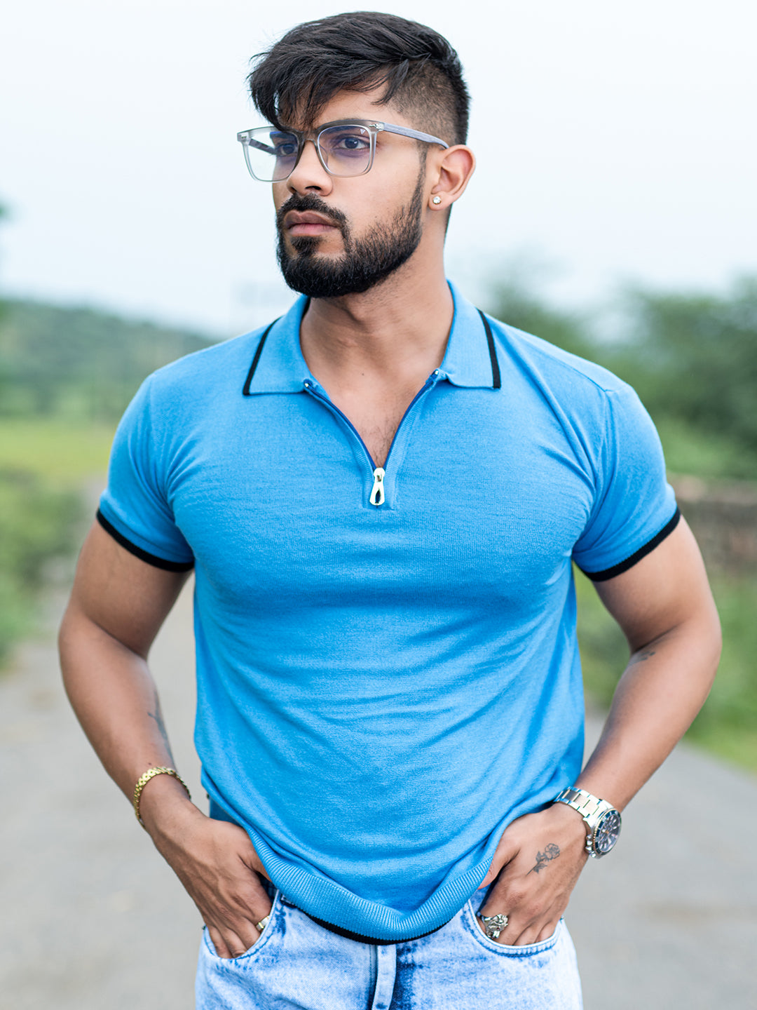 Sky Blue Half Sleeves Zipper Polo T-shirt