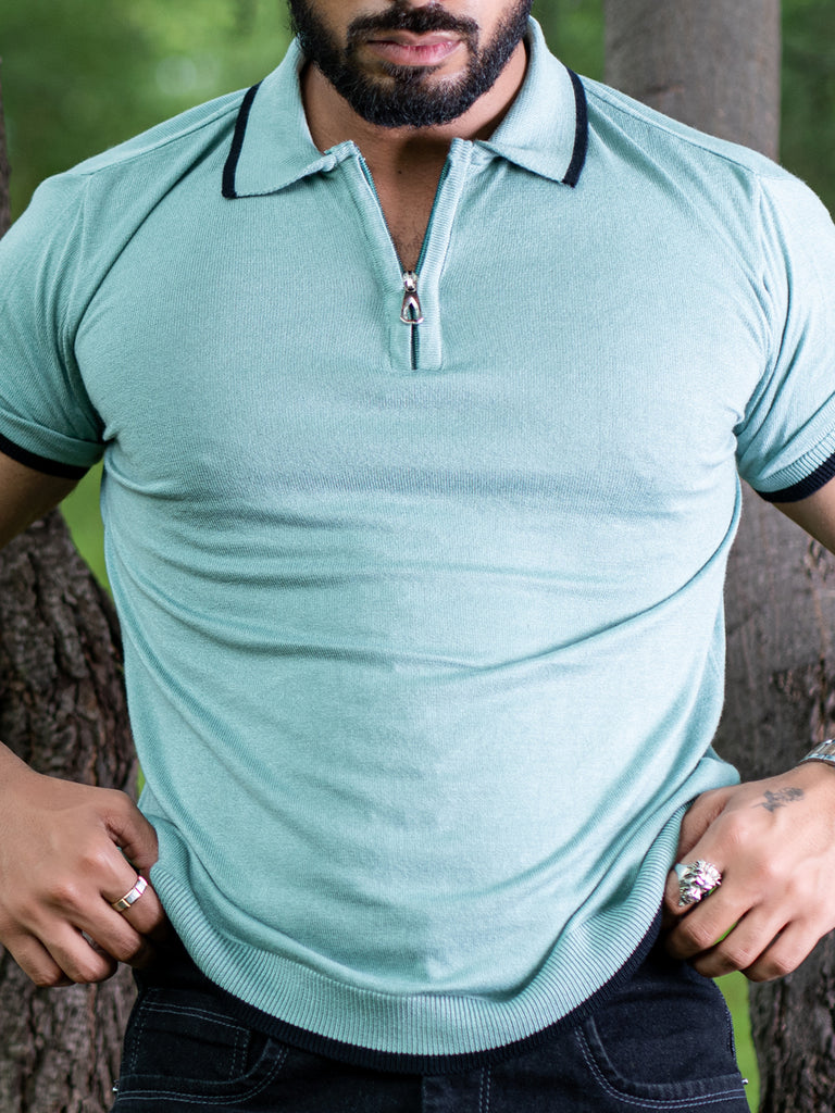 Deep Sea Green Half Sleeves Zipper Polo T-shirt - Tistabene