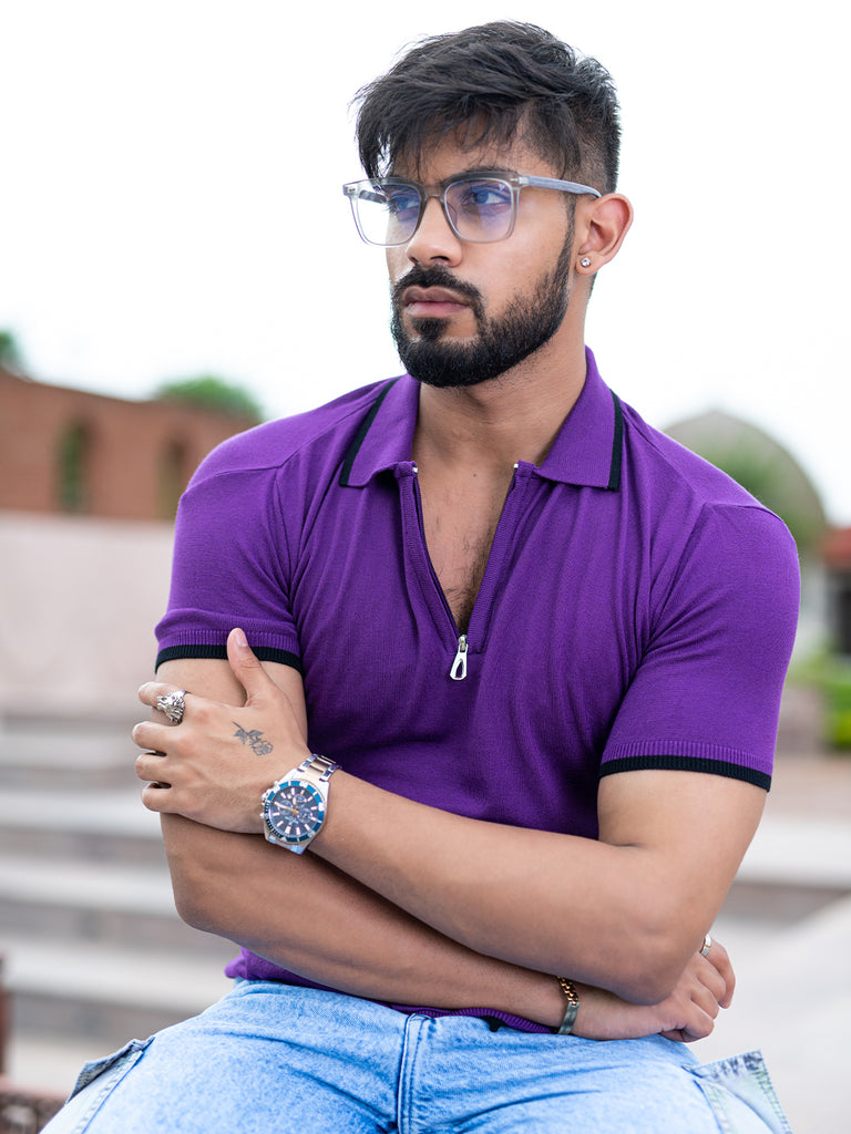 Purple Half Sleeves Zipper Polo T-shirt - Tistabene