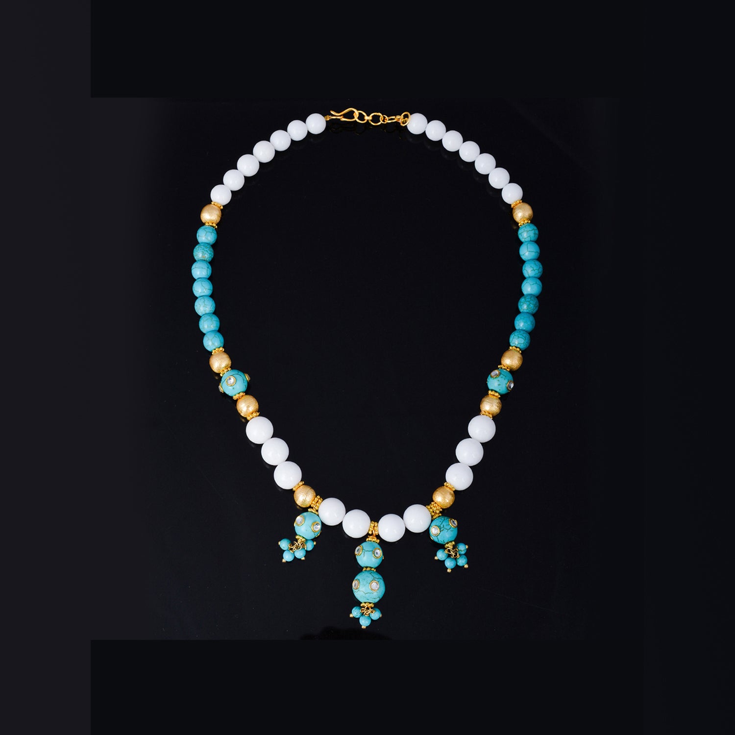 Turquoise And White Beads Designer Necklace With Metal Elements