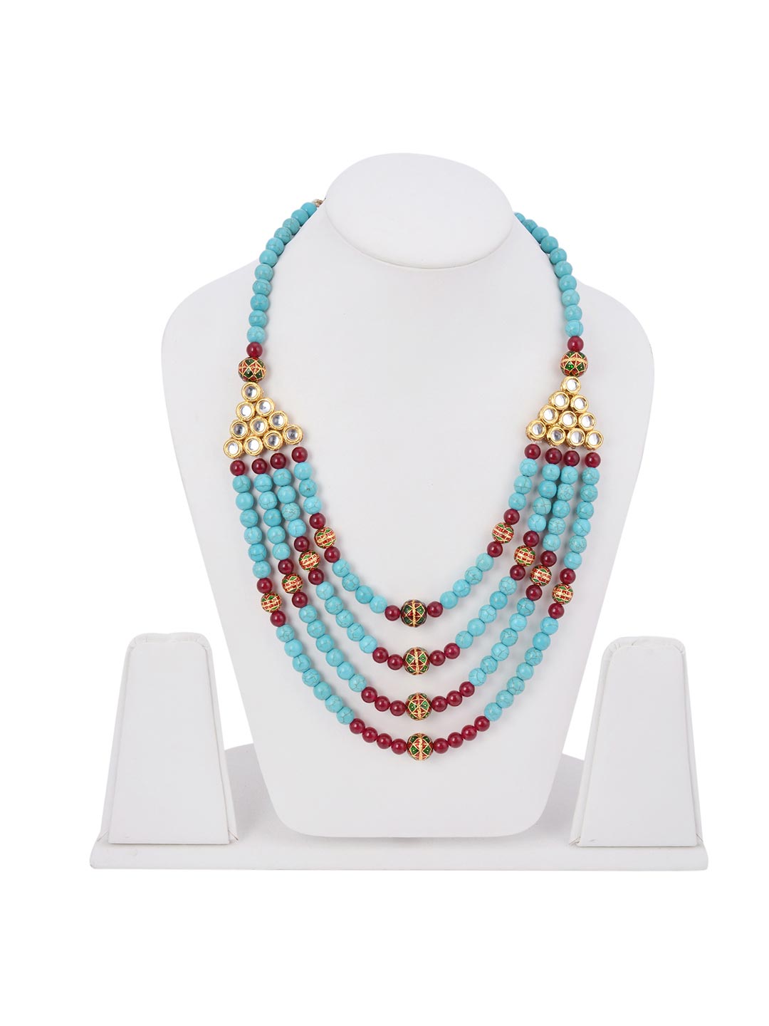 Semi Ethnic Turquoise and Red Stones Beaded Necklace