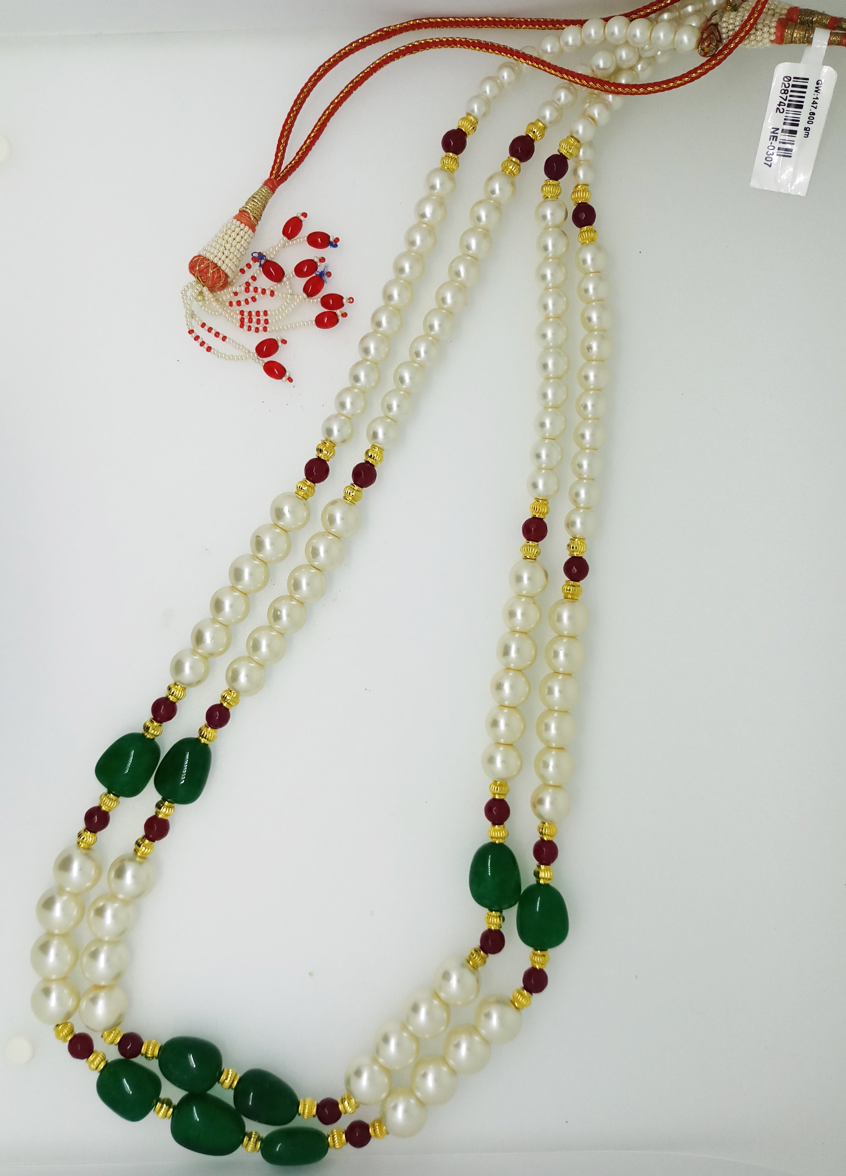 Big Green Stones and Red Stones Perals Traditional Necklace