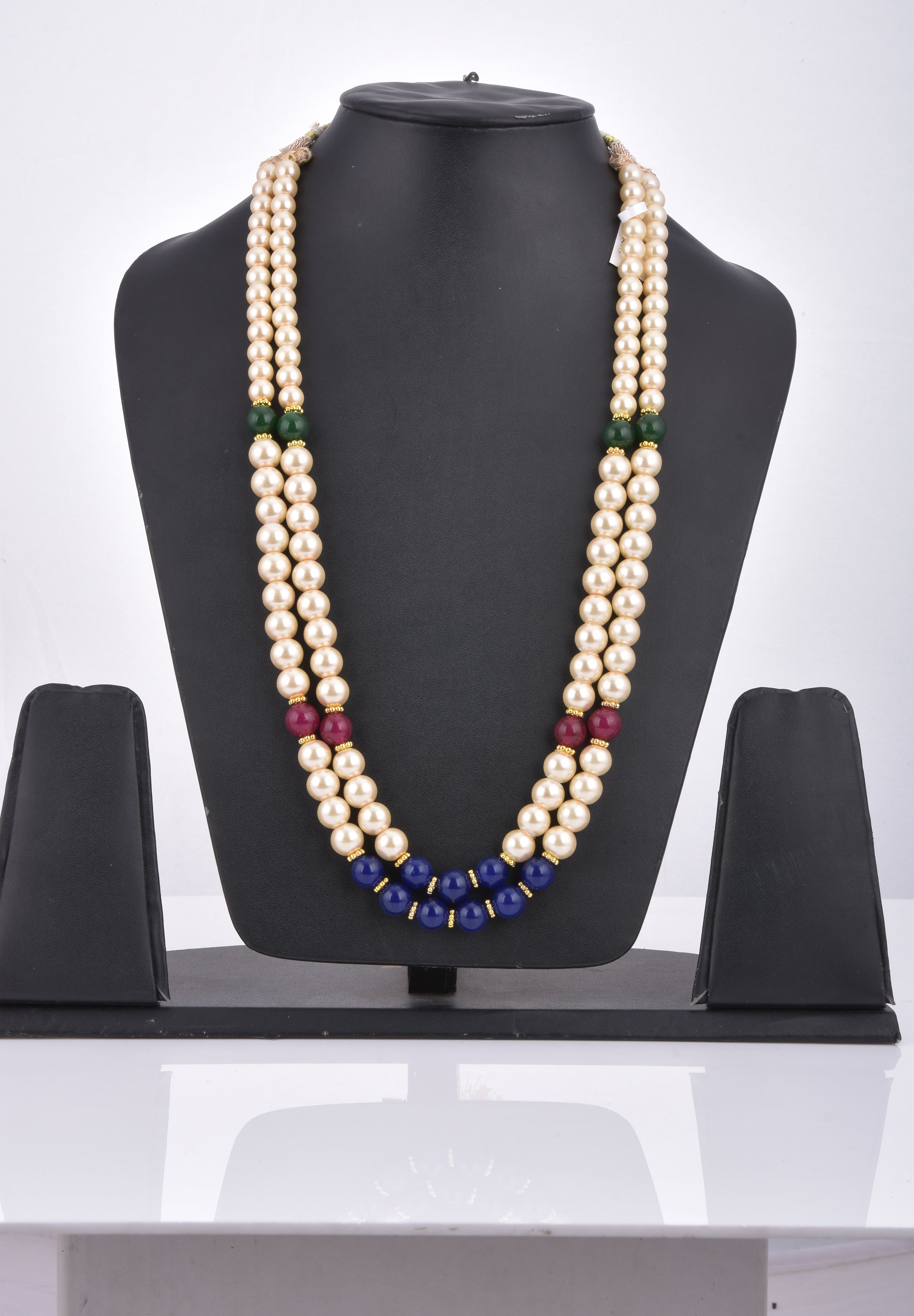 Tri Color Stones and Perals Bi Stranded Necklace