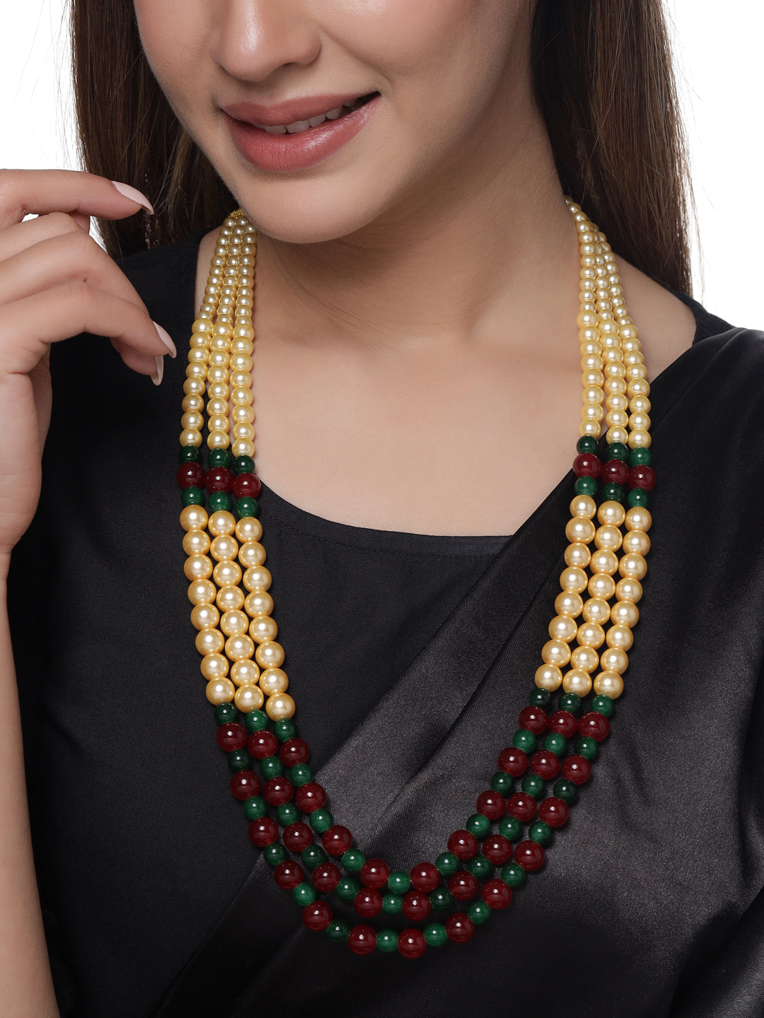 Classic Red Green Stones Multi Stranded Necklace