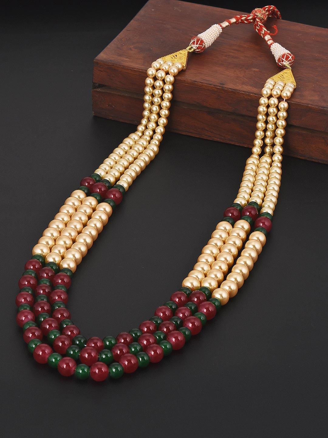 Classic Red Green Stones Multi Stranded Necklace