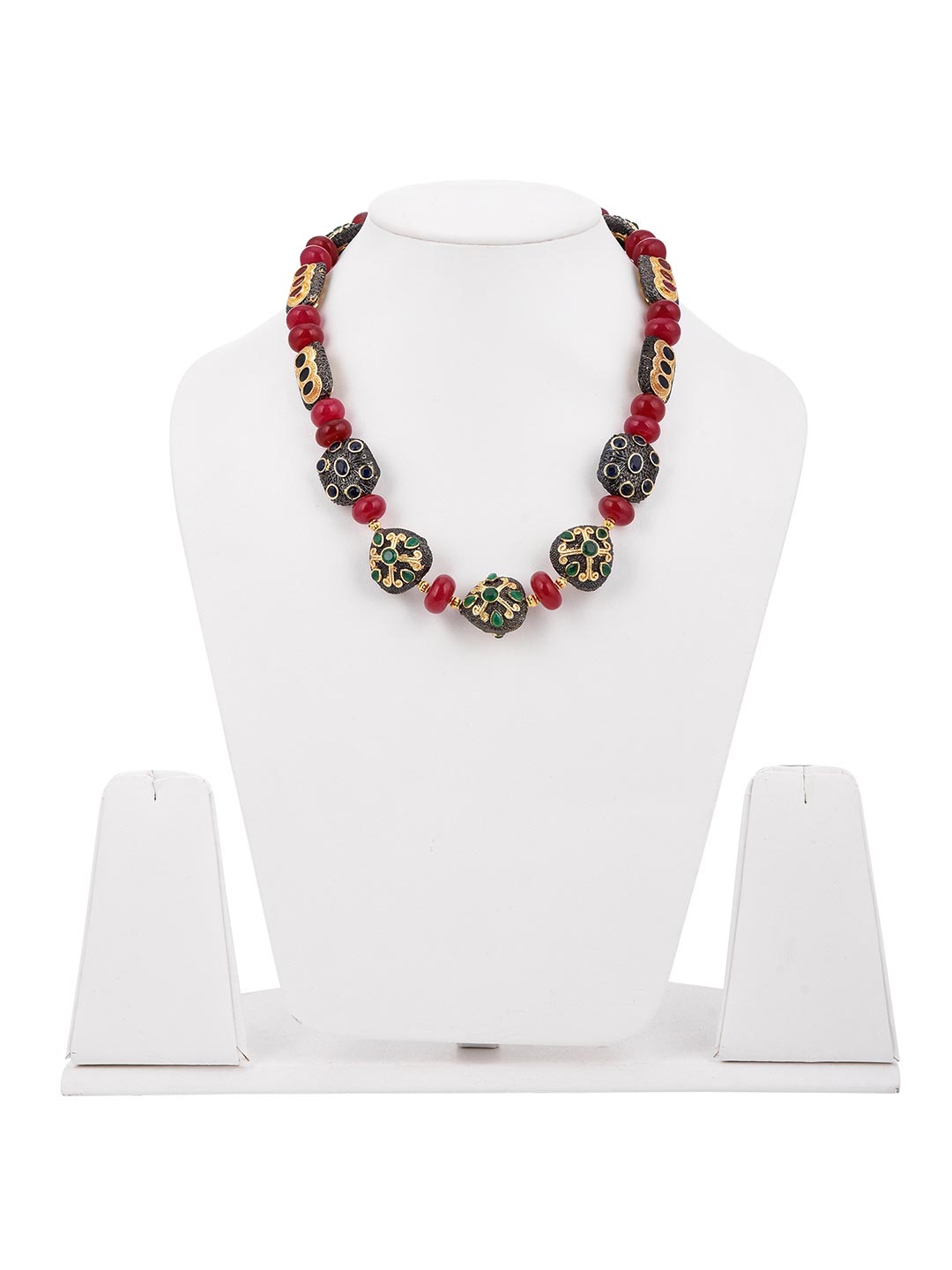 Beaded Metal Balls And Red Stones Designer Necklace