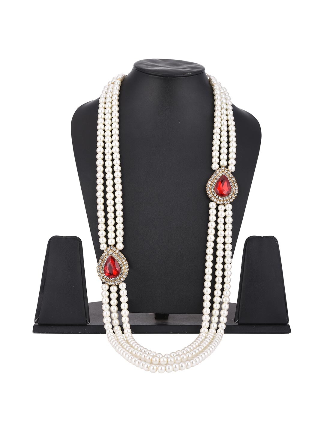 Pearl String Red Stones Beaded Necklace