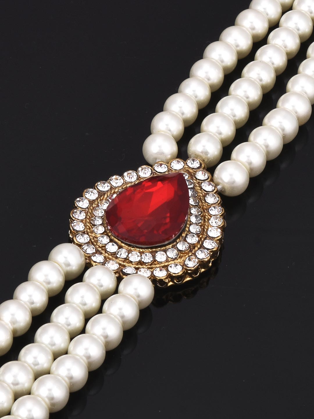 Pearl String Red Stones Beaded Necklace