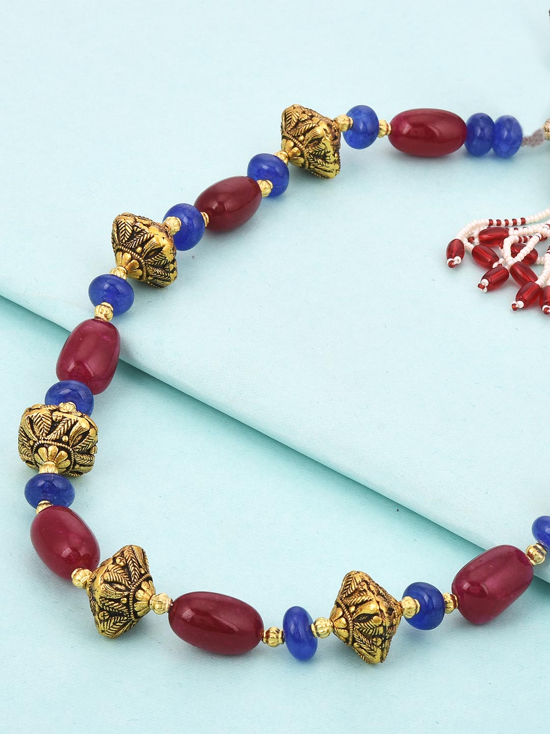 Single Stranded Antique Metal Balls And Stones Beaded Necklace