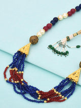 Round And Fine Red Blue Stones Beaded Pearl Necklace