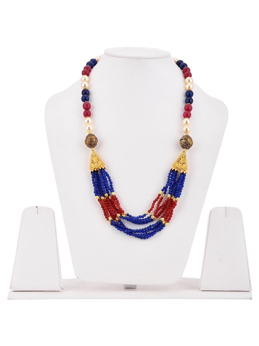 Round And Fine Red Blue Stones Beaded Pearl Necklace