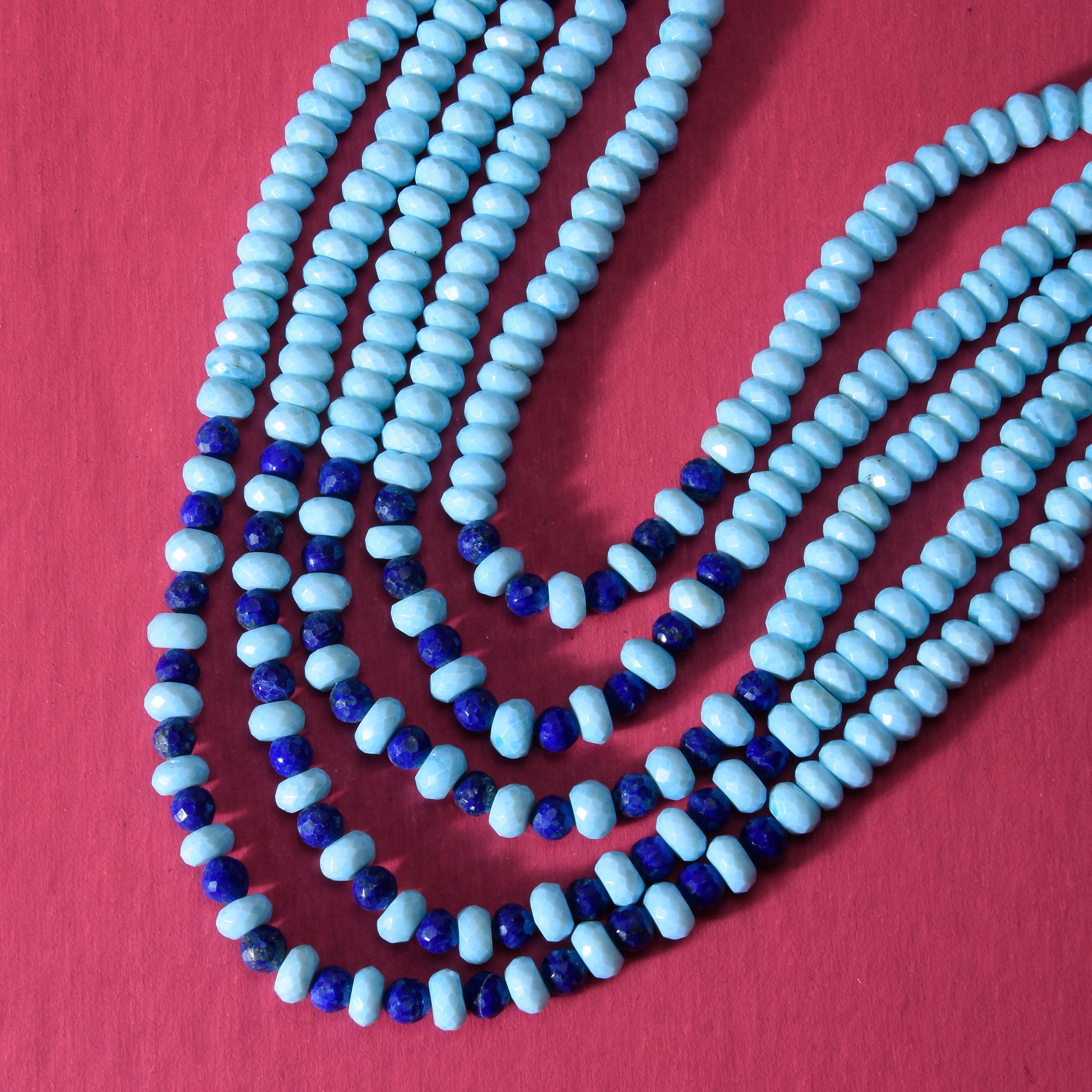 Contemporary Blue Opal and Lapis Silvery Oxidised Multi Stranded Necklace