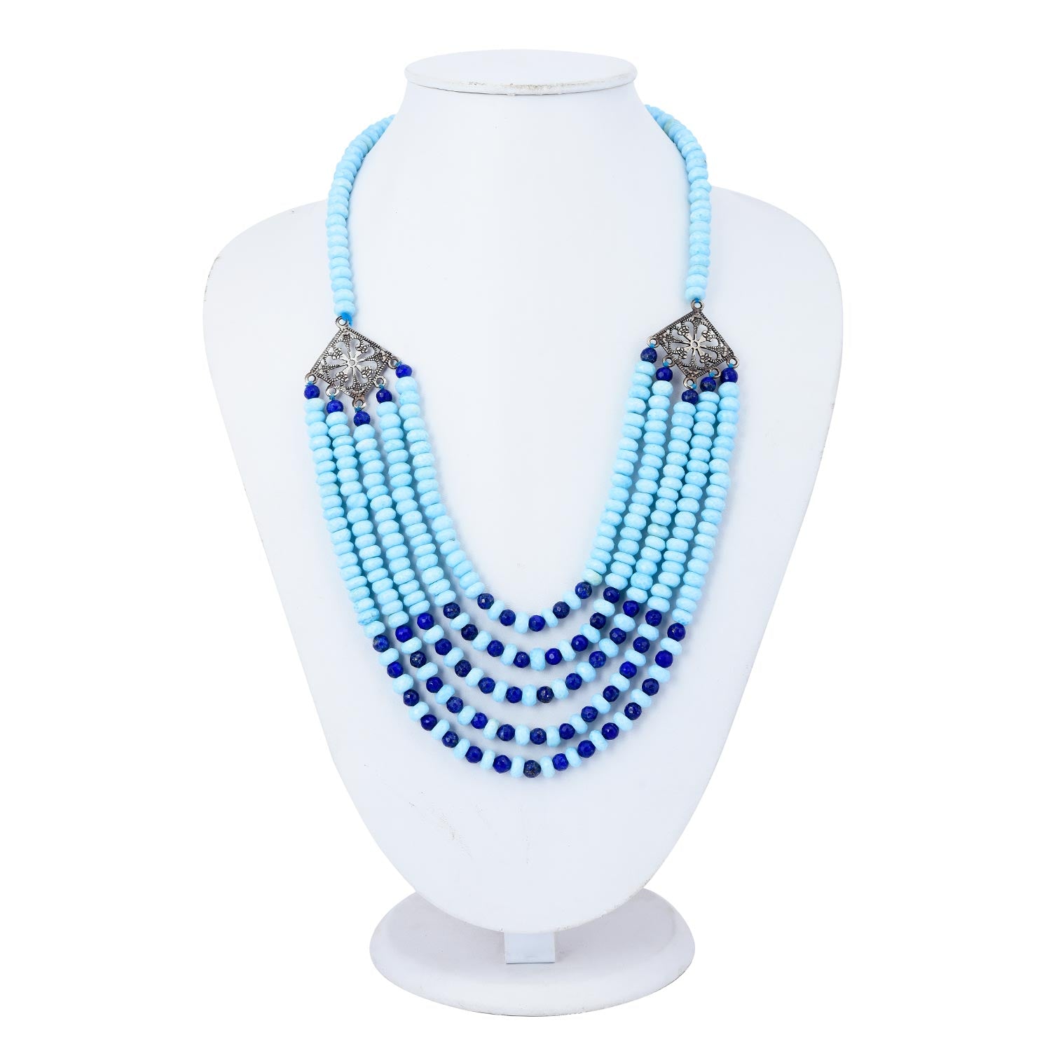 Contemporary Blue Opal and Lapis Silvery Oxidised Multi Stranded Necklace