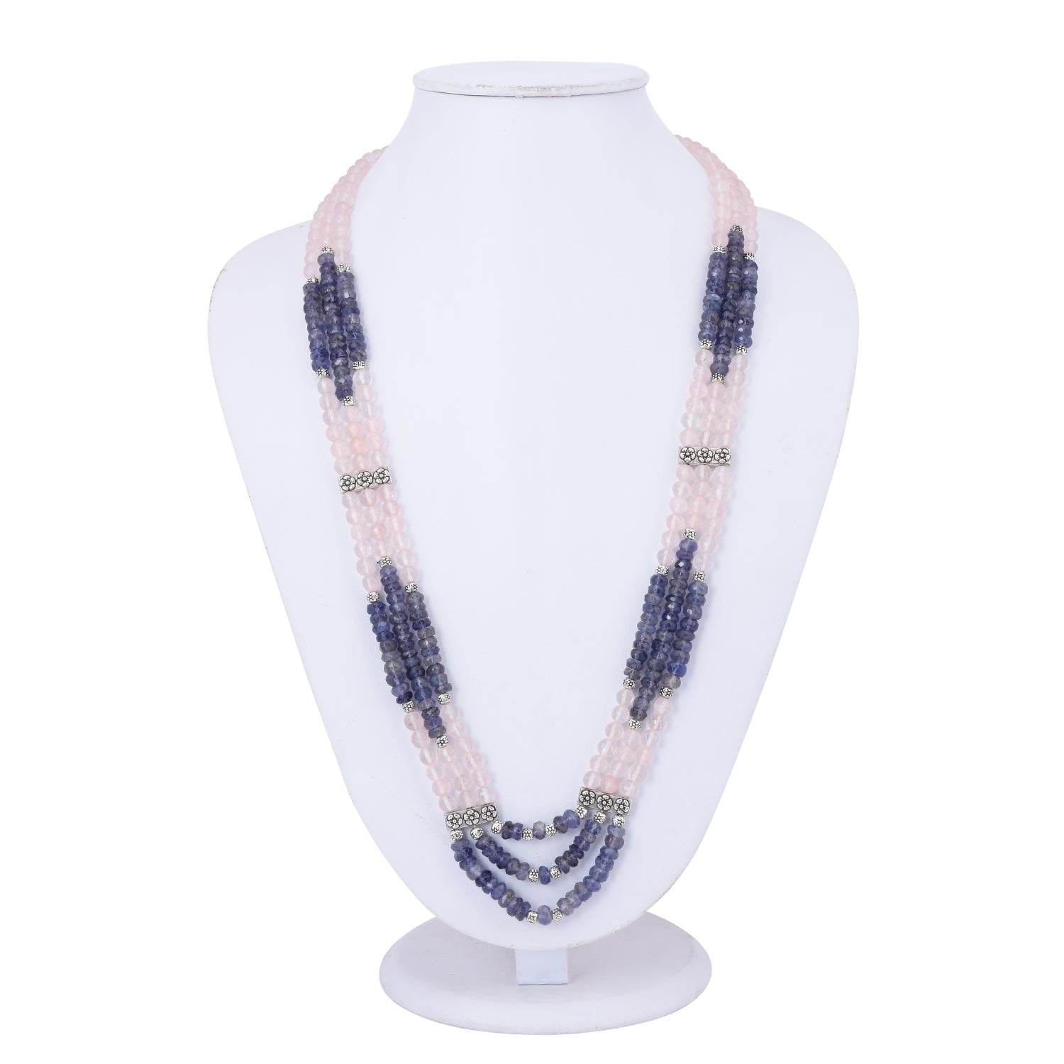 Contemporary Triple Stranded Lolite Rose Quartz Necklace
