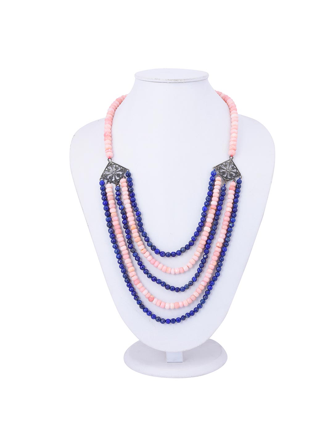 Classic Pink Opal and Lapis Multi Stranded Silver Oxidised Necklace