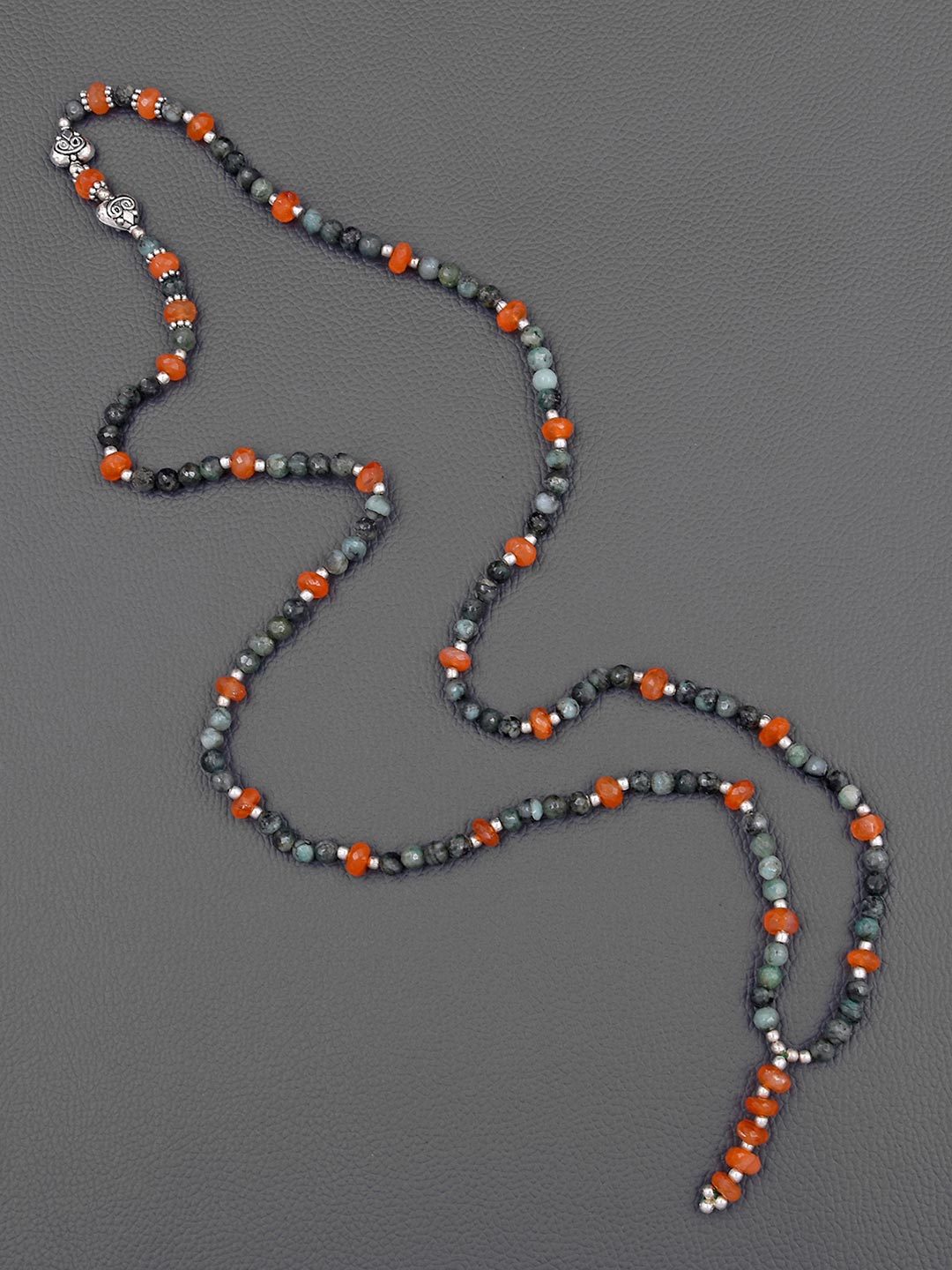 Classic Single Stranded Fire Opal Emerald Silvery Oxidised Long Necklace